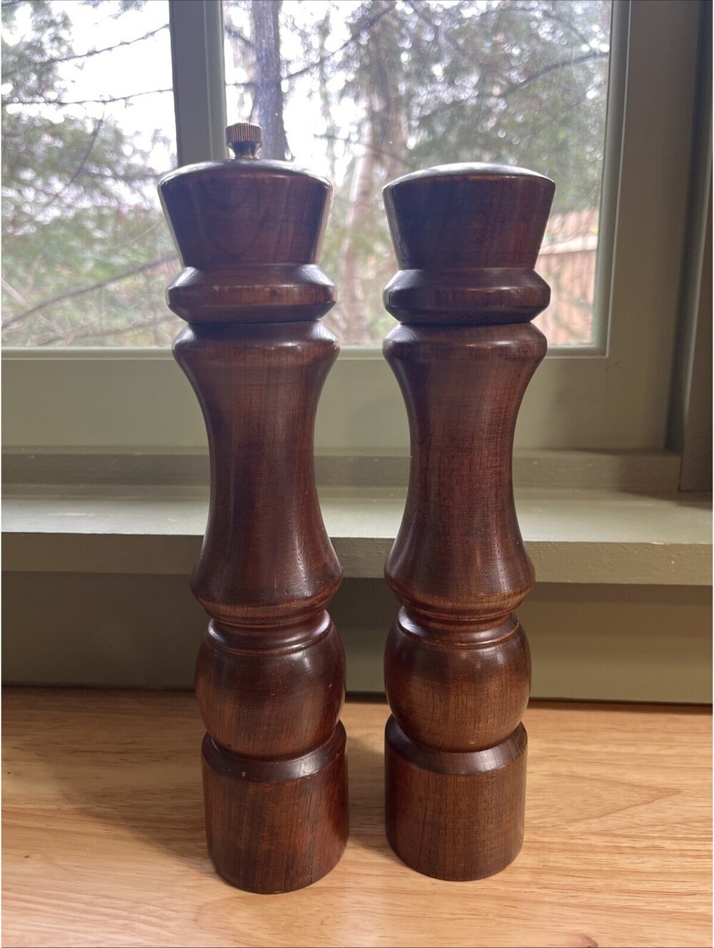 Vintage Tall Hand-Turned Wood Salt and Pepper Shaker and Mill MCM 10in Goodwood